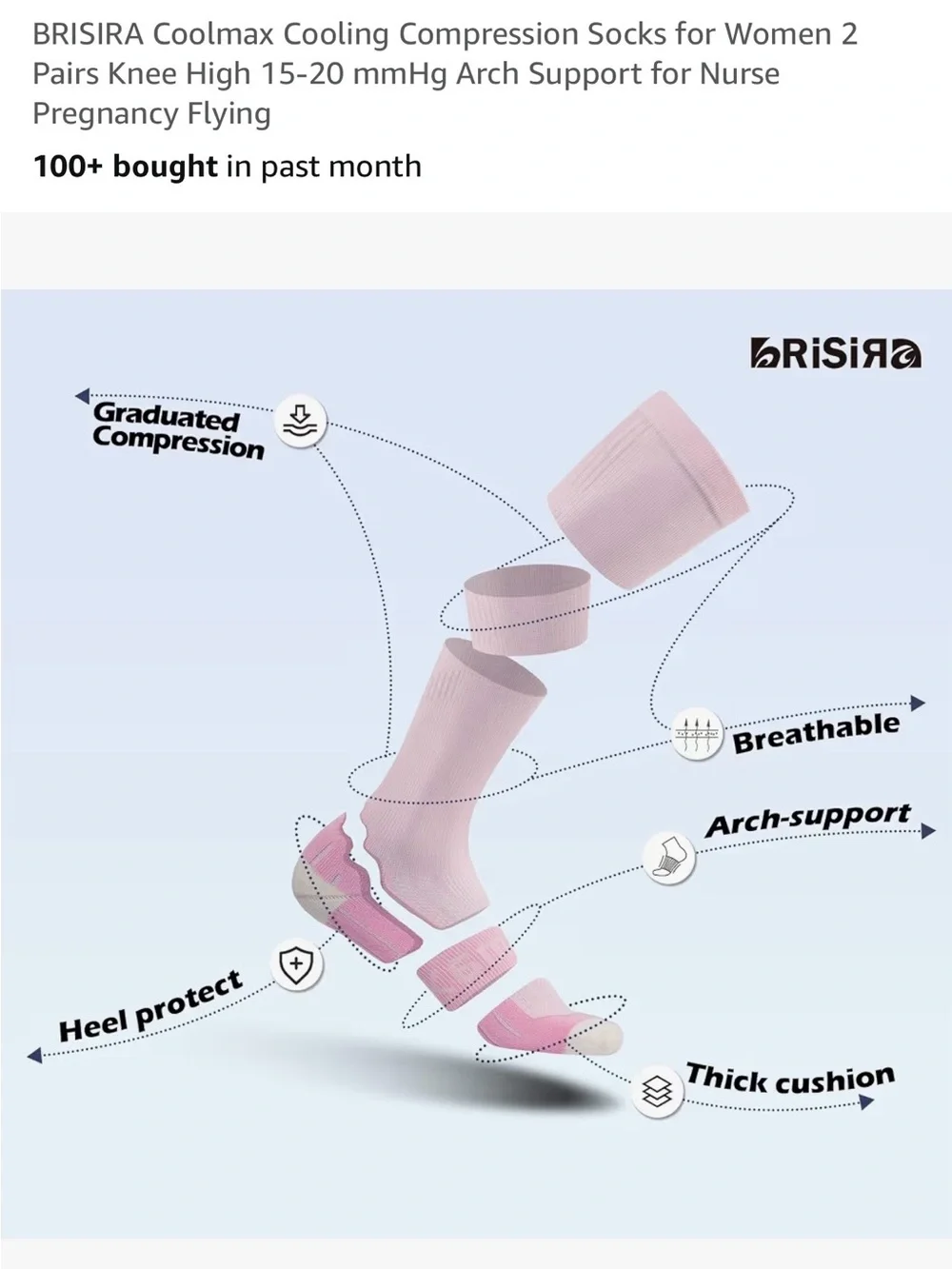 BRISIRA Coolmax Cooling Compression Socks for Women 2 Pairs Knee High 15-20 mmHg